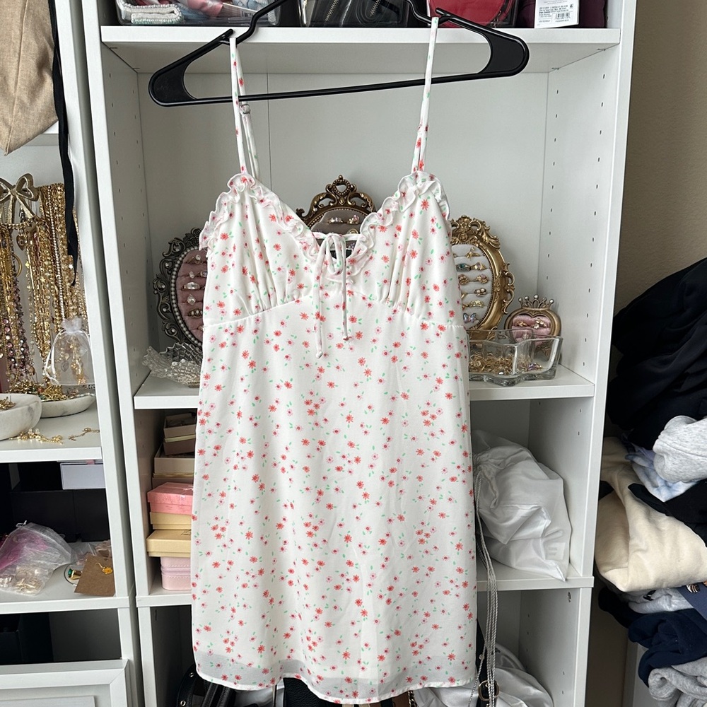 White Floral Satin Slip Dress with Pink Accent